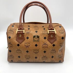 Auth MCM Visetos Cognac Brown Coated Canvas Leather Boston Tote Handbag Preloved